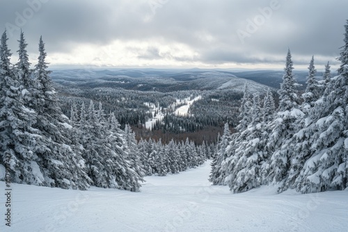 Snow-covered winter landscape with tall trees and distant mountains under a c...