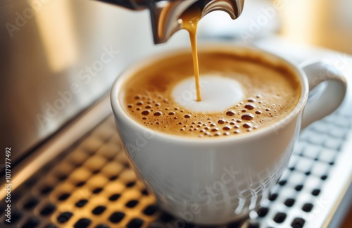 Freshly brewed espresso pouring into a white cup with rich crema in a cozy co...