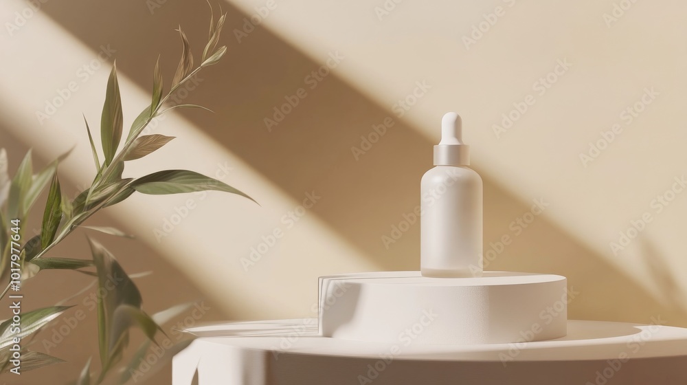 A small, elegant serum bottle sits on a white display stand. A small, elegant serum bottle sits on a white display stand.