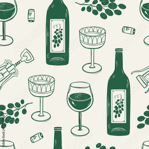 Seamless pattern with wine, glasses, corkscrew and grape.