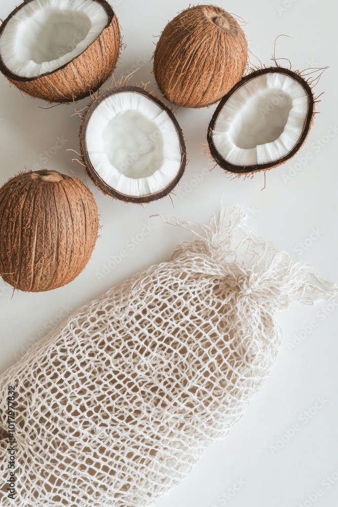 Natural coconuts displayed on a white fabric background in a minimalistic setting Natural coconuts displayed on a white fabric background in a minimalistic setting