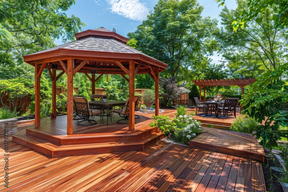 Charming red wood deck with gazebo and seating area in an open green backyard, capturing warm natural light and inviting relaxation. Charming red wood deck with gazebo and seating area in an open green backyard, capturing warm natural light and inviting relaxation.