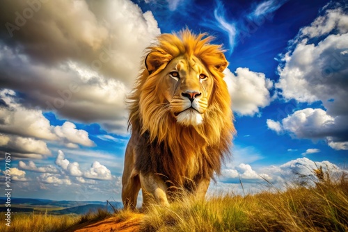 Majestic Lion Roaming the Wild with a Golden Mane Under Bright Blue Skies in Natural Habitat