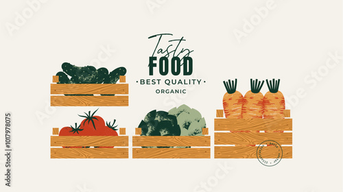 Vegetables in wooden boxes. Horizontal design template. Vector illustration