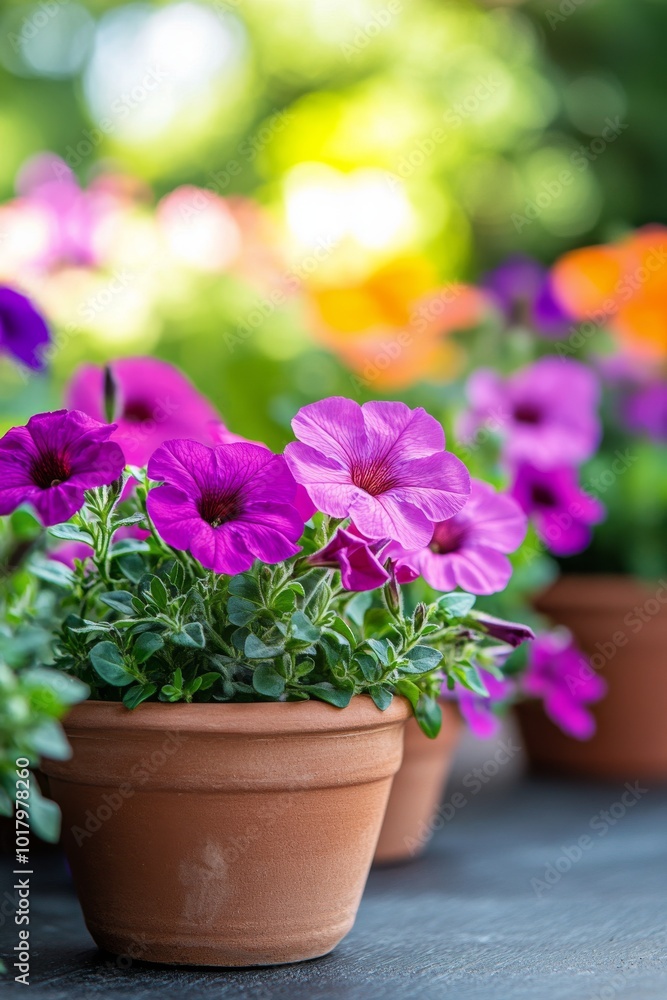 Colorful petunias in clay pots on a garden table during a sunny afternoon in spring Colorful petunias in clay pots on a garden table during a sunny afternoon in spring