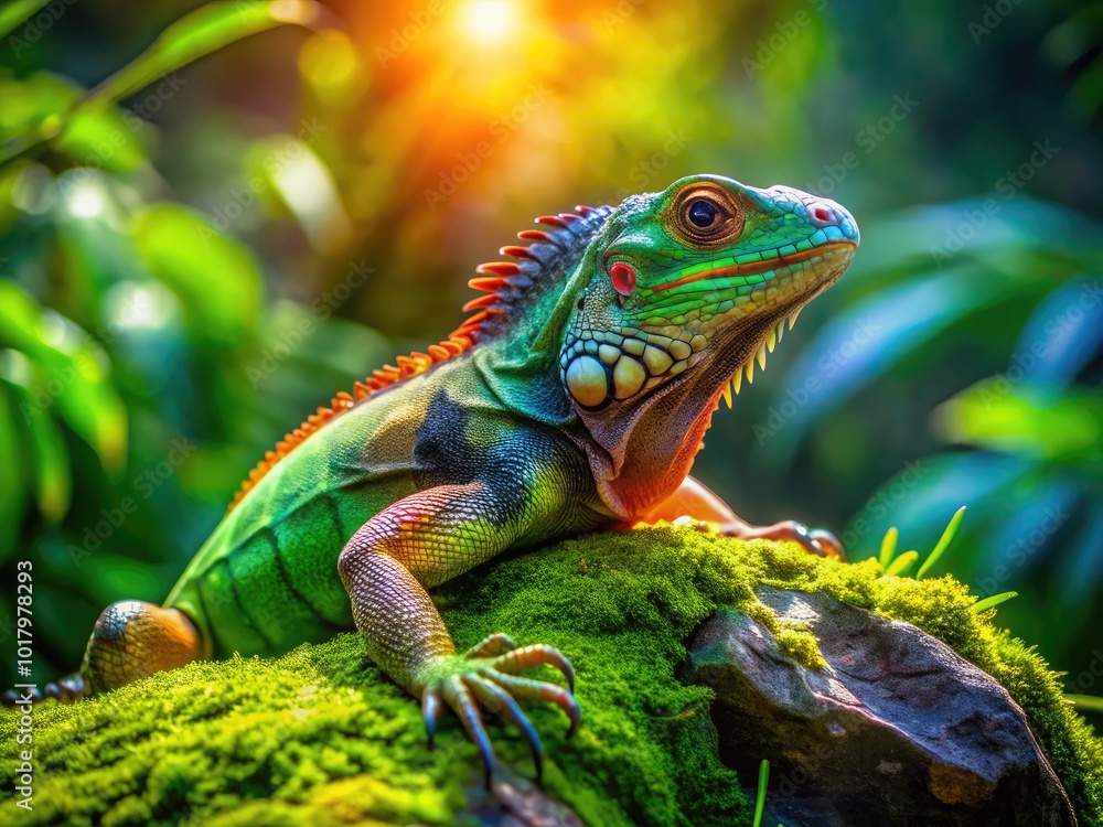 Majestic Lizard Relaxing on a Rock Under Bright Sunlight in a Lush Green Natural Habitat Environment Majestic Lizard Relaxing on a Rock Under Bright Sunlight in a Lush Green Natural Habitat Environment