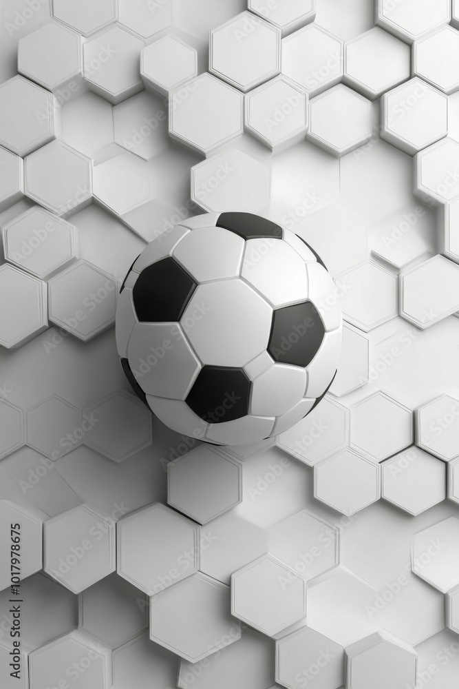 Soccer ball resting against a modern hexagonal wall design in a minimalist setting Soccer ball resting against a modern hexagonal wall design in a minimalist setting