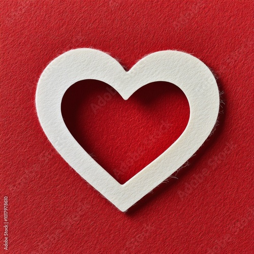 Heart shape cut out from white felt on vibrant red textured background
