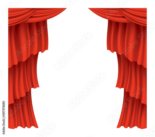 Red curtains realistic. Theater fabric silk decoration for movie cinema or opera hall. Curtains and draperies interior decoration object. Isolated on transparent for theater stage