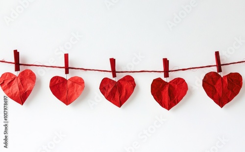 Colorful paper hearts hanging on a string against a white background for deco...
