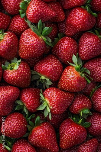 Freshly harvested strawberries piled together in vibrant red hues ready for s...
