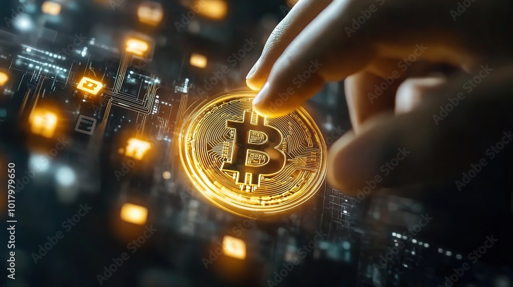Hand Holding Bitcoin in Digital Setting Hand Holding Bitcoin in Digital Setting