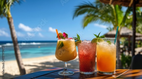 Refreshing tropical cocktails on a beachside table under a clear blue sky dur...