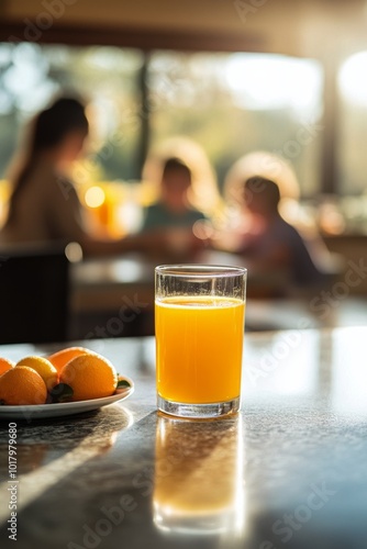 Glass of orange juice beside a plate of fruit at sunset, with people gatherin...