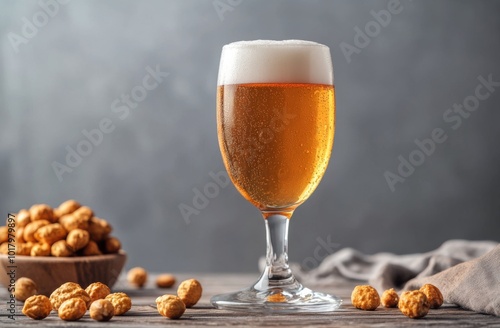Refreshing amber beer served in a glass alongside crunchy snacks on a wooden ...
