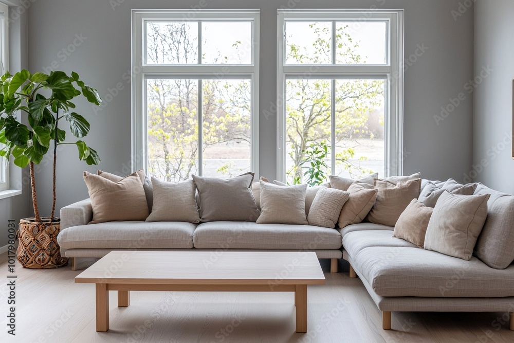 Fototapeta premium Minimalist, a modern japandi interior photo of a living room with windows and a sofa and table. Generative AI 