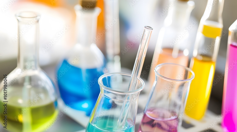 Close-up of beakers with colorful liquids, representing scientific research and experimentation. Close-up of beakers with colorful liquids, representing scientific research and experimentation.