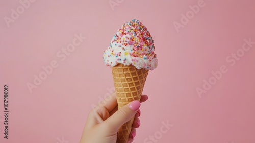 Hand holding a cone of colorful ice cream with sprinkles against a pastel pin...