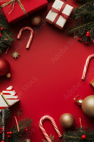 Festive holiday decorations with gifts and ornaments on a vibrant red background