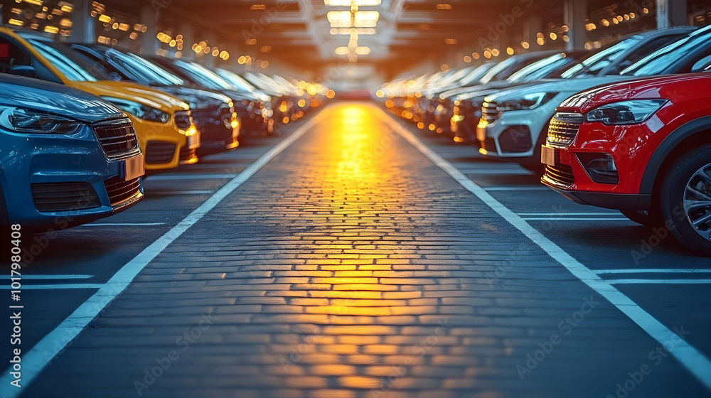 A vibrant parking lot filled with various cars at sunset. A vibrant parking lot filled with various cars at sunset.