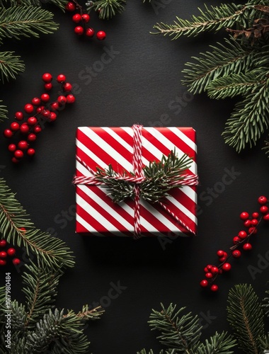 Beautifully wrapped gift surrounded by winter greenery and red berries for th...