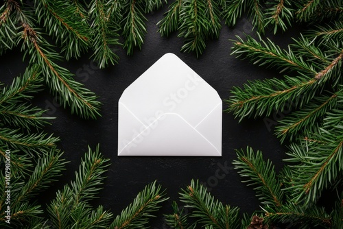 White envelope surrounded by evergreen branches on a dark surface during the ...