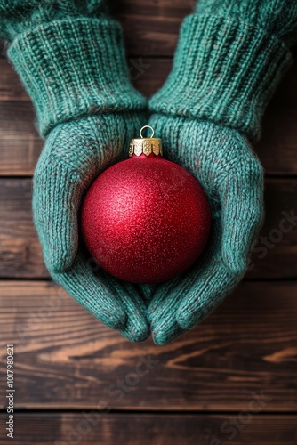 Warm hands holding a shiny red Christmas ornament on rustic wooden background...
