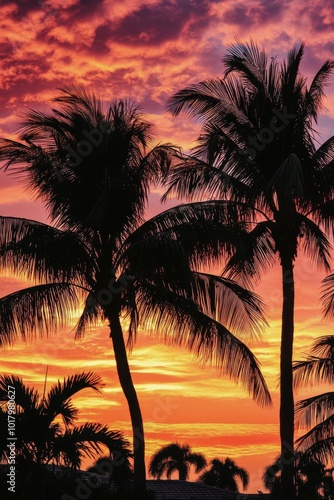 Vibrant sunset over palm trees with colorful sky at tropical beach during eve...