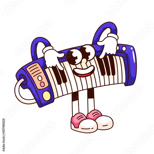 Groovy synthesizer cartoon character pressing keys. Funny retro electronic musical instrument, piano with keyboard. DJ, music mascot, cartoon synthesizer sticker of 70s 80s style vector illustration