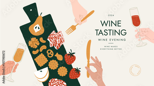 Wine event horizontal design template. Hands with glasses and charcuterie board. 