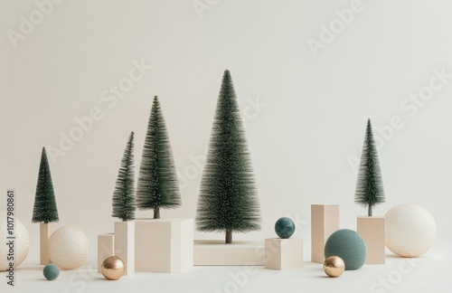 A minimalist display of festive trees and decorative ornaments for a serene h...