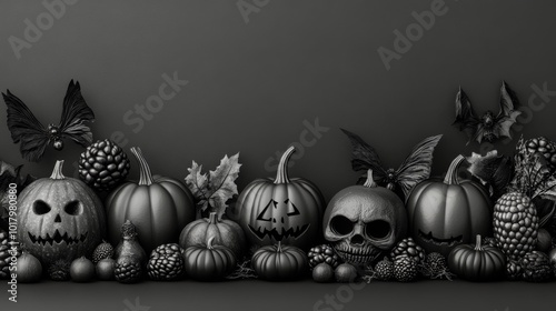 A spooky Halloween decoration featuring pumpkins, bats, and autumn leaves in ...