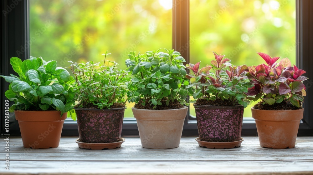 Five small potted plants arranged beautifully on a table in a well-lit indoor space Five small potted plants arranged beautifully on a table in a well-lit indoor space