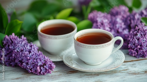 A serene afternoon tea setup with cups and lilac flowers on a delicate pastel...