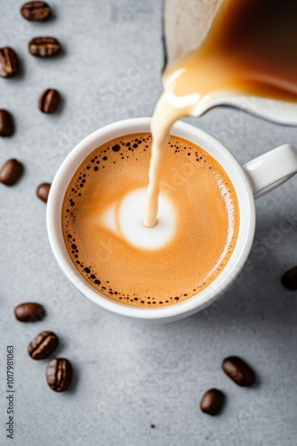 Freshly brewed coffee with cream poured into a white mug on a gray countertop