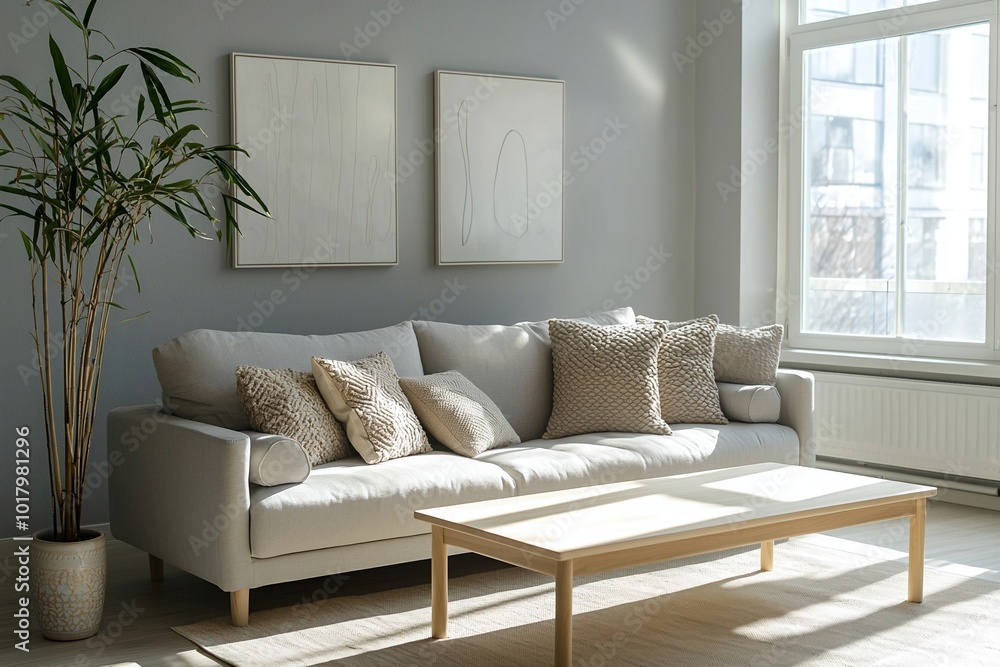 Fototapeta premium Minimalist, a modern japandi interior photo of a living room with art frames hanging on light gray walls and a sofa and cushion table. Generative AI 