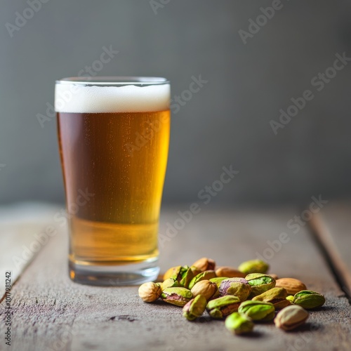 Refreshing golden beer served with a scattered pile of salty pistachios on a ...