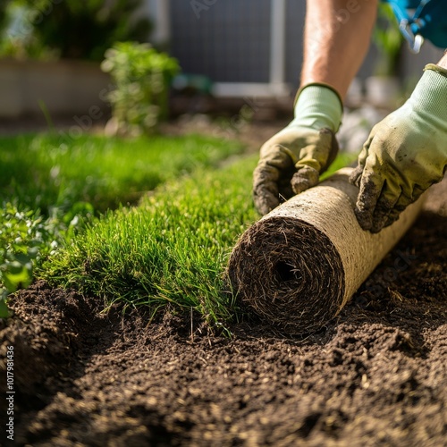 Laying fresh sod in a residential yard during a sunny afternoon to enhance la...