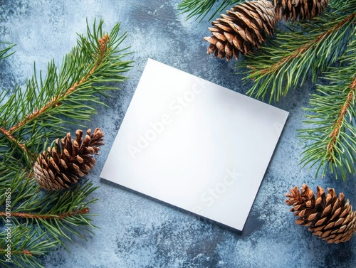 Holiday-themed blank card surrounded by pine branches and pine cones on a blu...
