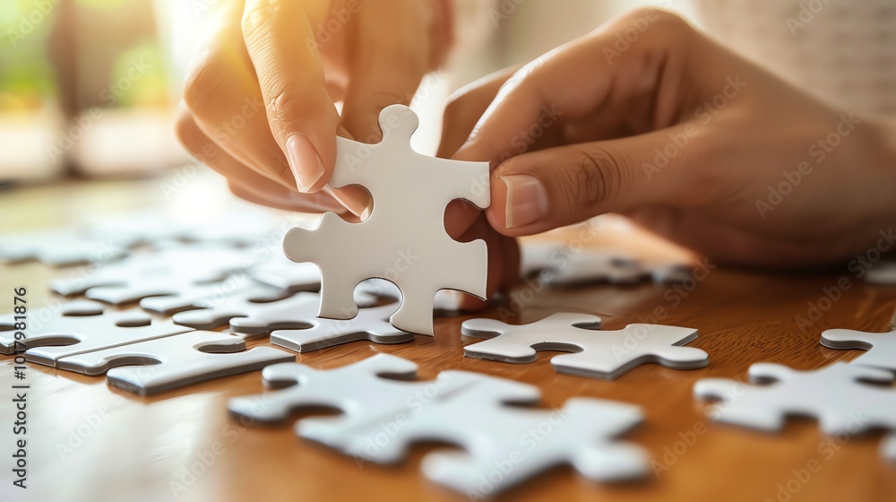 A hand placing a puzzle piece into a puzzle. A hand placing a puzzle piece into a puzzle.