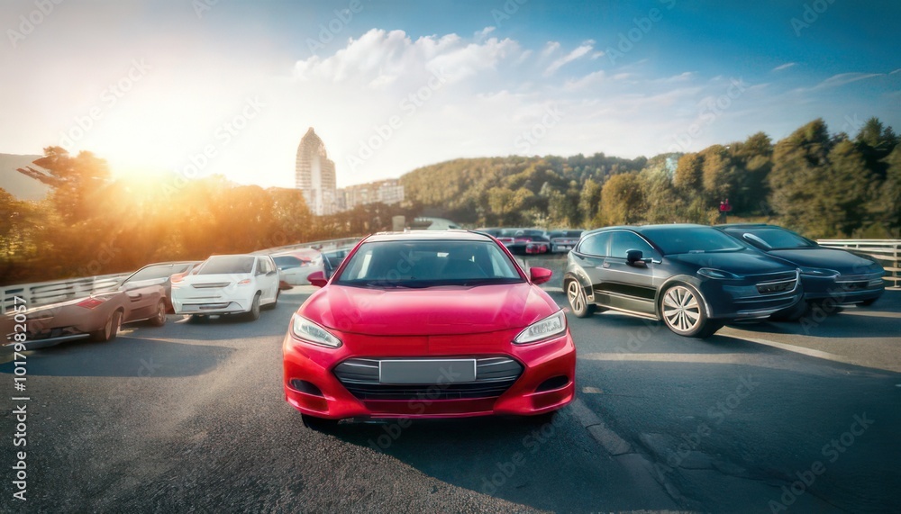 Fototapeta premium Small city cars fleet. A red car in front. Choosing new car concept.