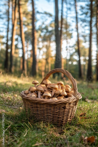 Gathering fresh mushrooms in a woven basket during a sunny autumn day in the ...