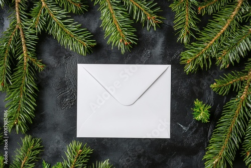 White envelope surrounded by evergreen branches on a dark surface during the ...