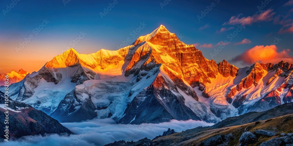Fototapeta premium Majestic Mera Peak in Nepal Surrounded by Snow-Capped Mountains and Clear Blue Skies at Sunrise