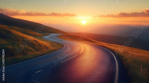 A winding road through hills at sunset, capturing nature's beauty.