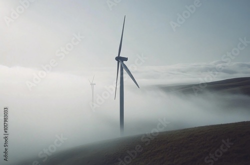 Wind turbines stand tall among clouds at dawn in a serene landscape with roll...