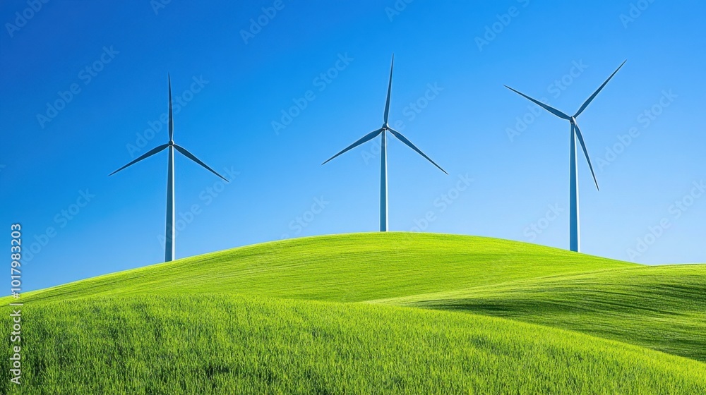 Fototapeta premium Wind Turbines on Green Hills Under Clear Blue Sky