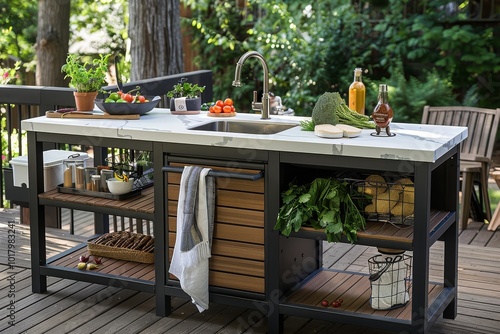 Kitchen island cart with wood top, black finish, wheels, side storage, and a cabinet with door and two shelves for food serving.