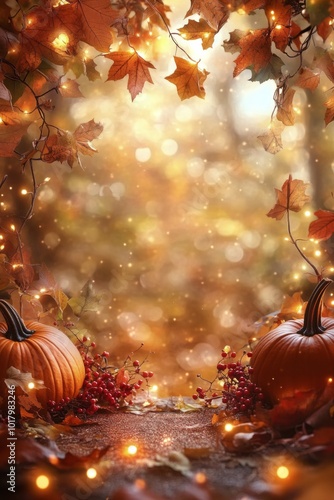 Autumn pathway adorned with pumpkins and colorful leaves in a tranquil setting