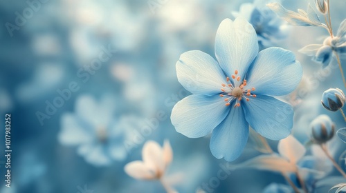 Delicate blue flowers bloom in a tranquil garden during the soft light of early morning